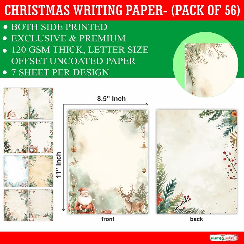PARTH IMPEX 56 Sheets Christmas Writing Paper 8.5x11 - Letter Size Stationery Holidays Winter Party Looking Santa Letterhead Printer Paper - 120gsm Thick Decorative Double-sided Design - Image 2